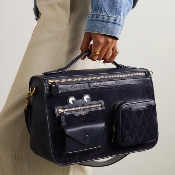 Anya Hindmarch Multi-Pocket Satchel Shoulder Bag – Navy Suede with Frog Eyes 👀 - Picture 2 of 12
